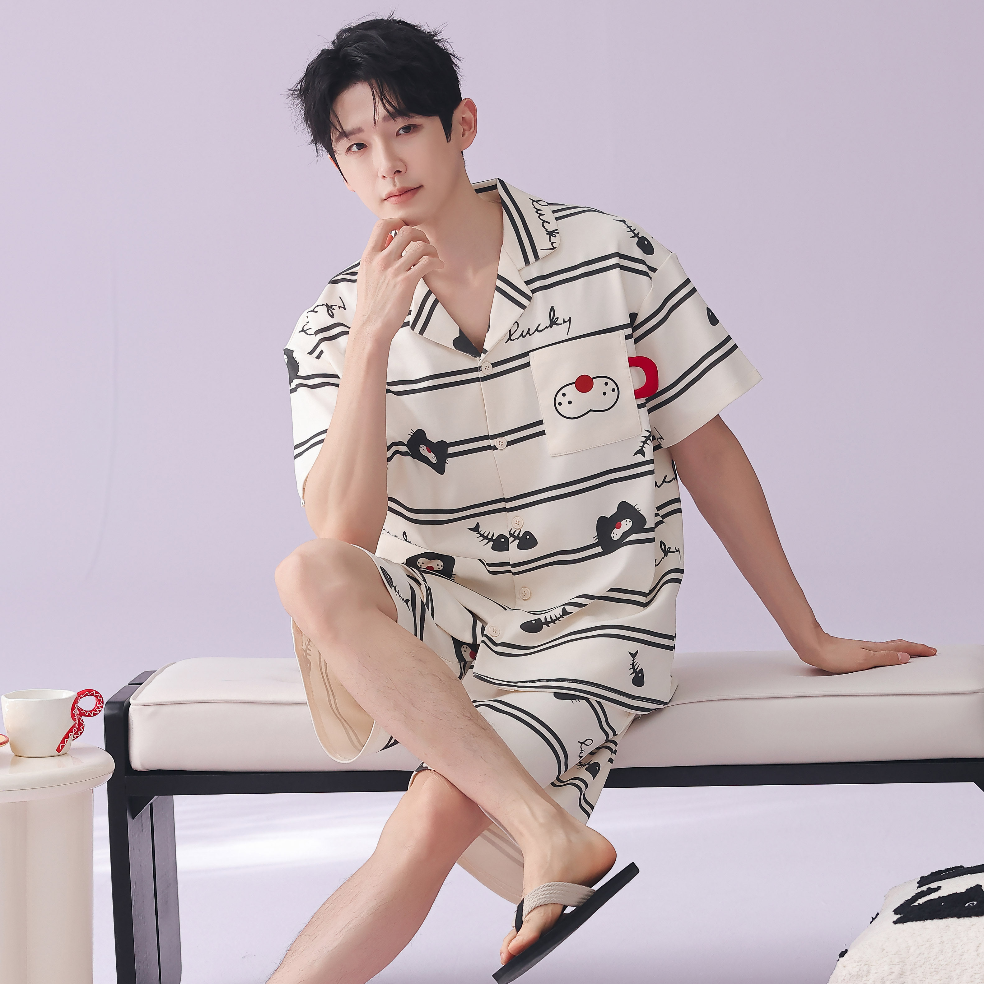 纯棉睡衣男士夏季薄款2026新款卡通条纹可外穿大码男生家居服套装