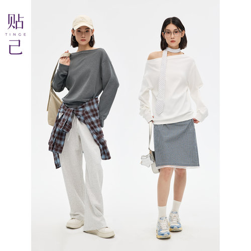 慵懒斜肩船领休闲宽松卫衣