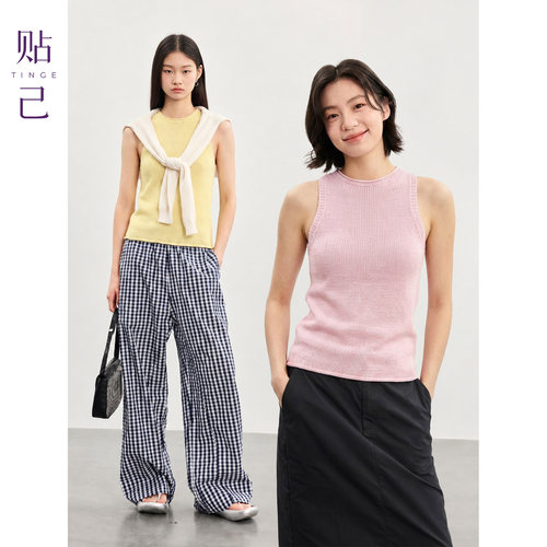 亚麻棉自然卷边圆领背心