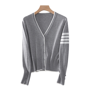 TINGE贴己可机洗含羊毛针织衫女春装撞色条纹开衫毛衣长袖打底衫