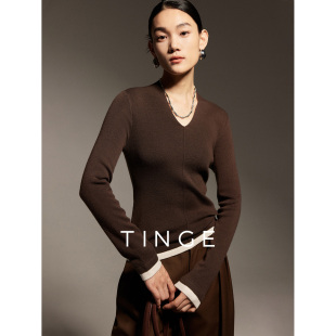 长袖 气质内搭针织打底衫 上衣 女新款 TINGE贴己V领撞色假两件羊毛衫