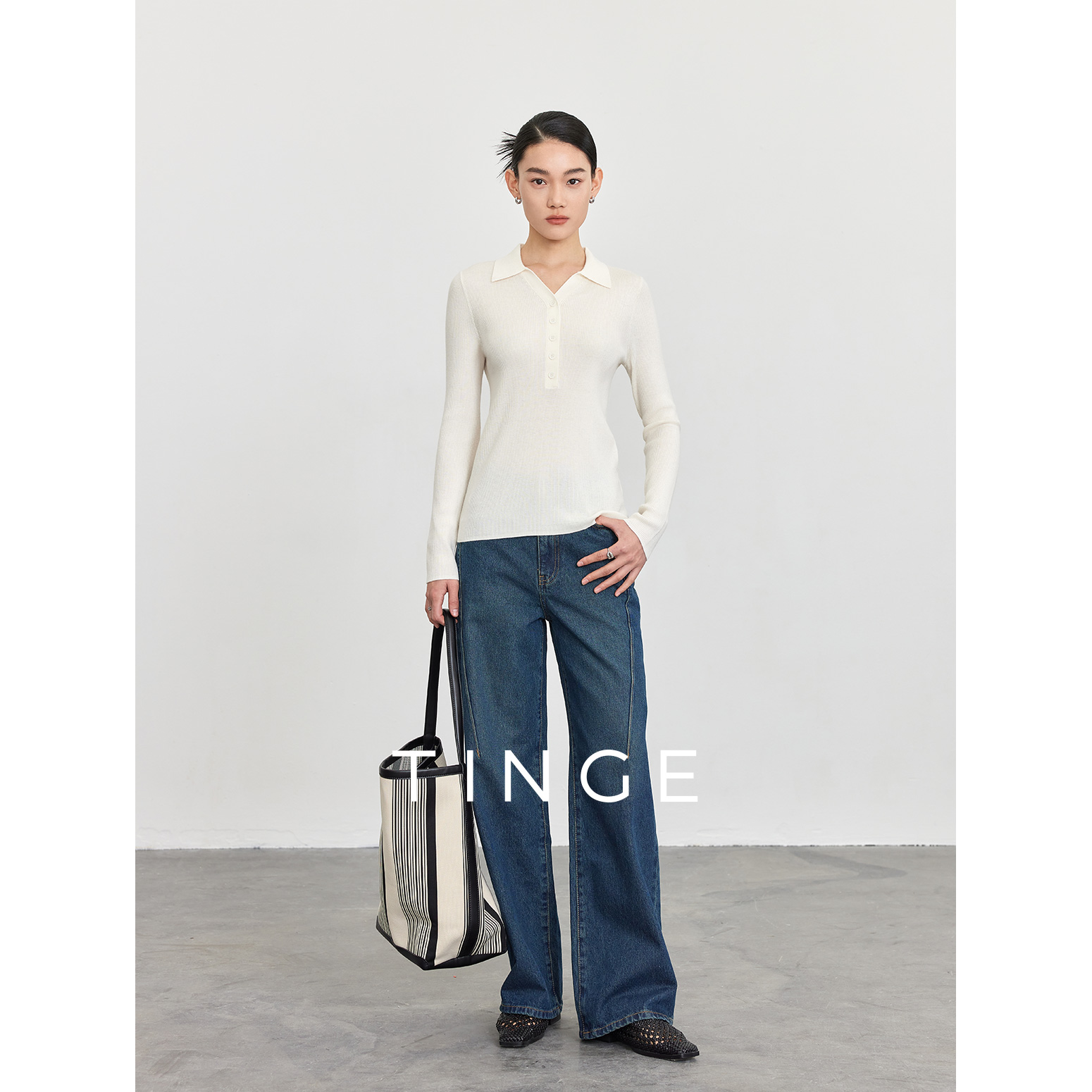 TINGE贴己POLO领修身长袖针织衫