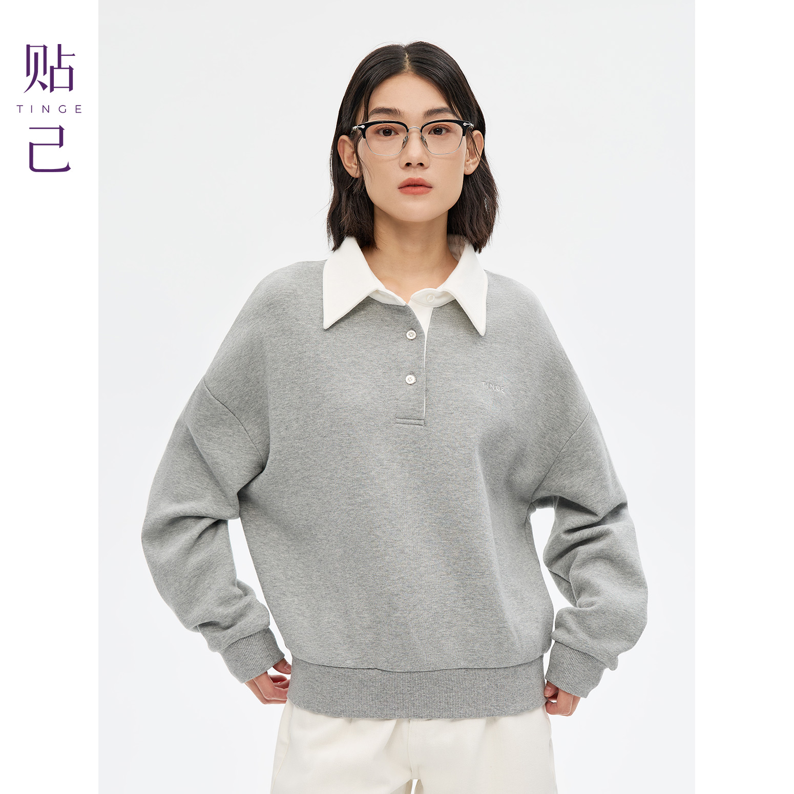 学院风polo领薄绒卫衣女