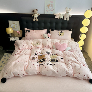冬季高克重牛奶绒四件套加厚波点被套法兰绒床单三件套冬天床品