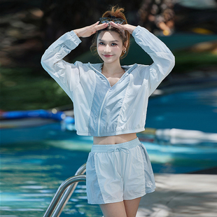 泳衣女士2025新款 長袖 防曬罩衫 海邊度假三件套分體溫泉游泳衣 爆款