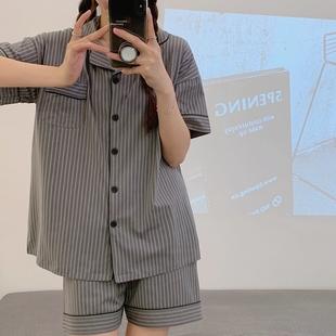 韩国高级感条纹睡衣男女夏季 两件套情侣家居服 ins风纯棉短袖 薄款