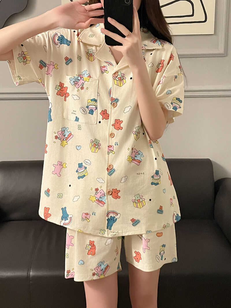韩版软妹可爱星球小熊纯棉甜美睡衣女夏季短袖学生家居服日系套装