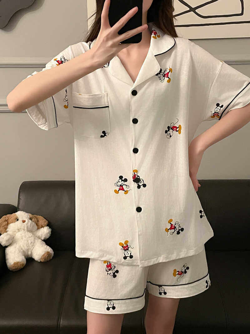 奶乎乎白色睡衣男女款短袖纯棉日系卡通米奇情侣两件套薄款家居服