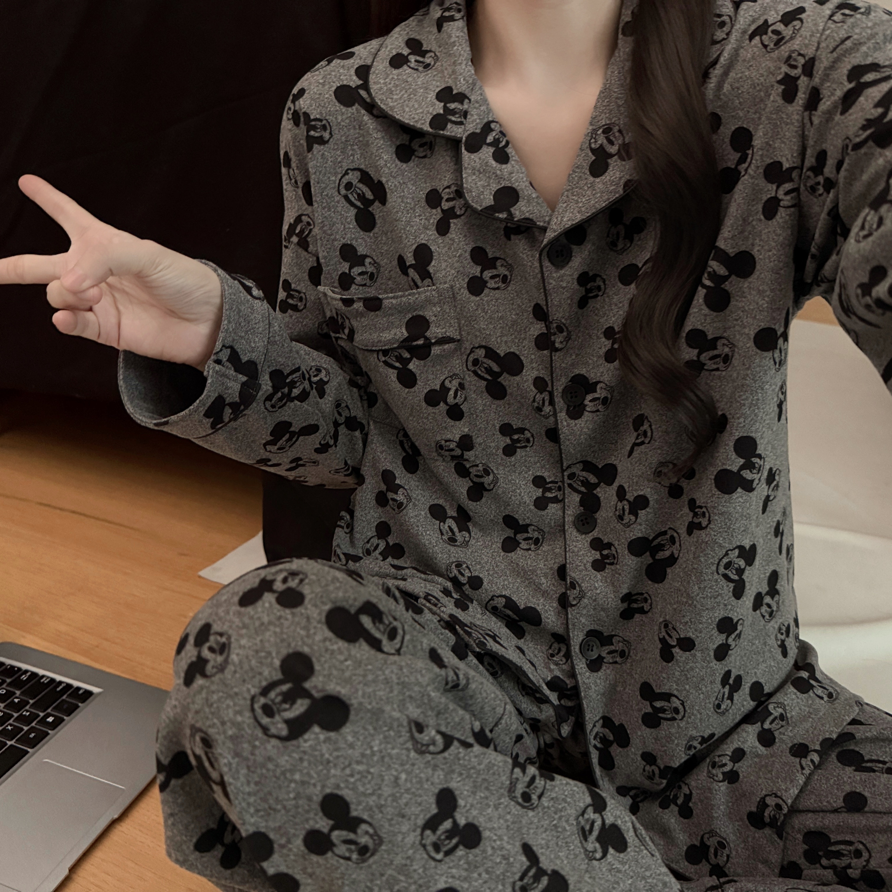 米奇情侣睡衣女春秋季纯棉长袖休闲可爱卡通米奇两件套学生家居服