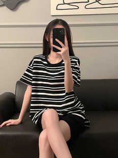 情侣家居服套装 睡衣女生夏季 黑色条纹休闲圆领薄款 纯棉短袖 男 短裤