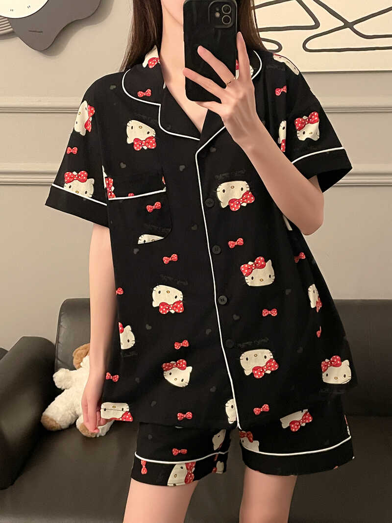 夏季睡衣女款短袖纯棉可爱卡通黑色hellokitty凯蒂猫家居服两件套