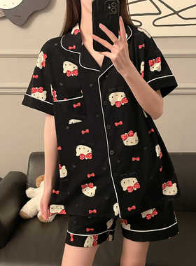 夏季睡衣女款短袖纯棉可爱卡通黑色hellokitty凯蒂猫家居服两件套