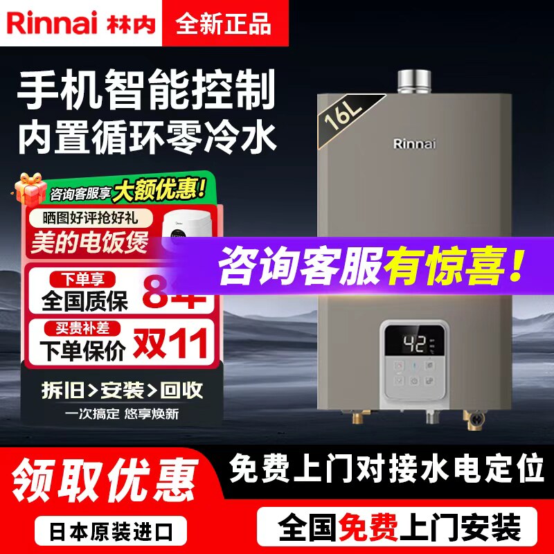 林内劲逸系列RUS-R16E42G-CH即热室内16升零冷水强排式燃气热水器