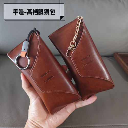 手造棕色皮质抗压大空间眼镜盒
