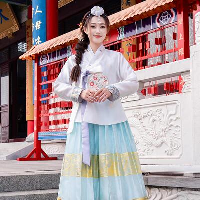 新朝鲜服鲜族服韩服女成人传统韩国古装白紫色民族舞蹈演出服