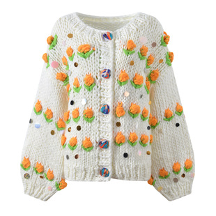 2025秋冬新款 宽松加厚毛衣外套 手工编织立体花朵亮片圆领针织开衫