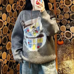 2025秋季 钩针熊胸针两只咖啡杯宽松百搭针织套头毛衣上衣 新款