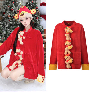 盘扣外套上衣 宝财神红色喜庆中式 2025新款 设计感立体小熊玩偶元