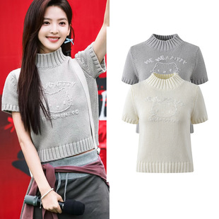 新款 套头针织衫 手工钩花图案设计短款 气质短袖 上衣 时尚 2025秋季