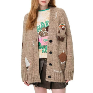 小众设计感咖色立体小熊刺绣V领针织开衫 毛衣 2025秋冬宽松时尚