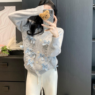 外套 设计感蝴蝶结菱格甜美减龄百搭园圆领针织开衫 2024秋季 新款