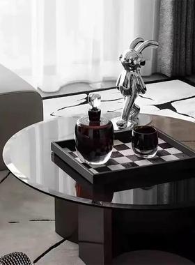 现代简约展厅摆场客厅桌面样板间装饰品酒具马毛格纹托盘搭配摆件