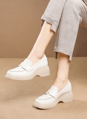2026春新款牛皮粗跟厚底乐福鞋