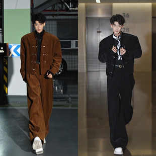 秋季 潮牌休闲外套长裤 美式 套装 复古设计感立领夹克男款 直播间同款