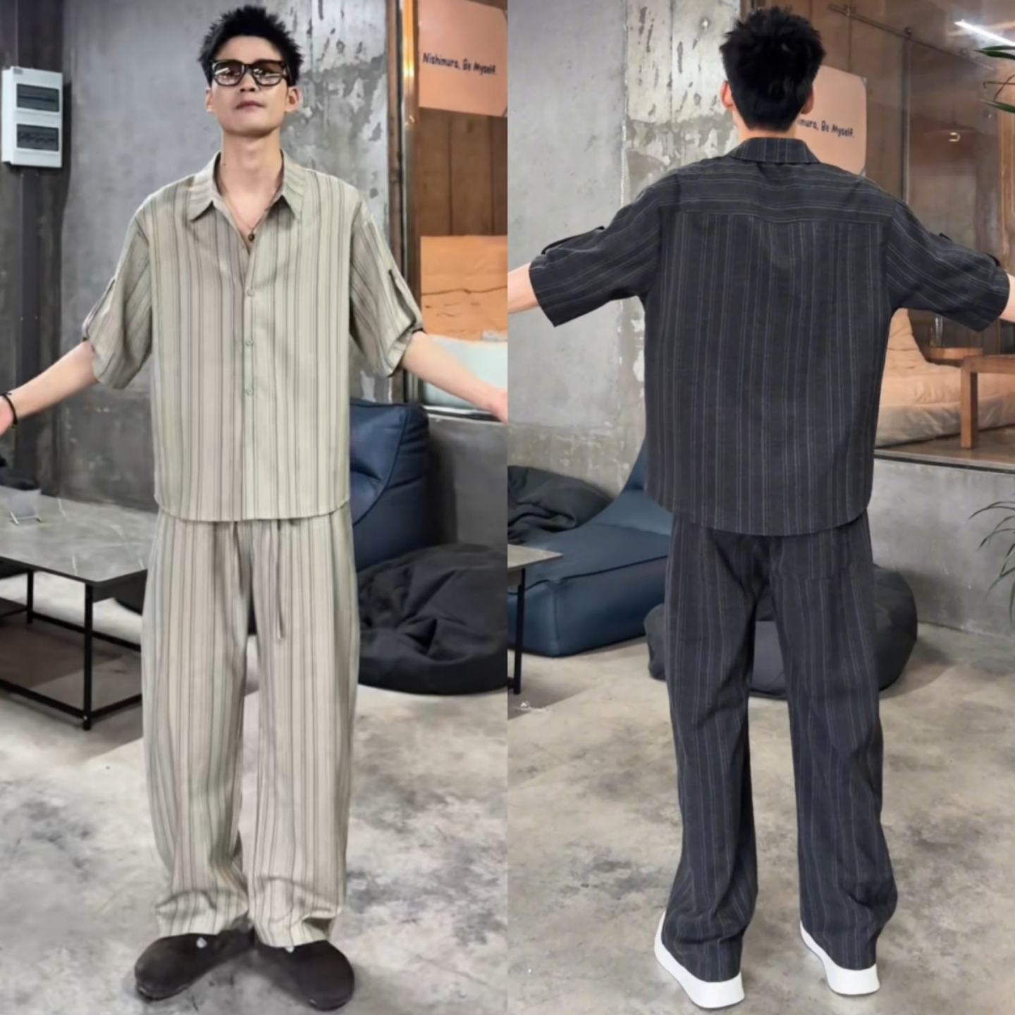 春季潮流新款休闲两件套时尚简约个性百搭极简风男款条纹小众套装