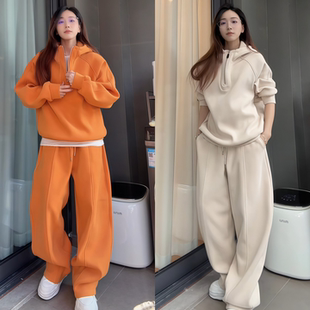 直播间同款 休闲弯刀裤 冬季 男纯色拉链帽衫 情侣款 休闲运动套装