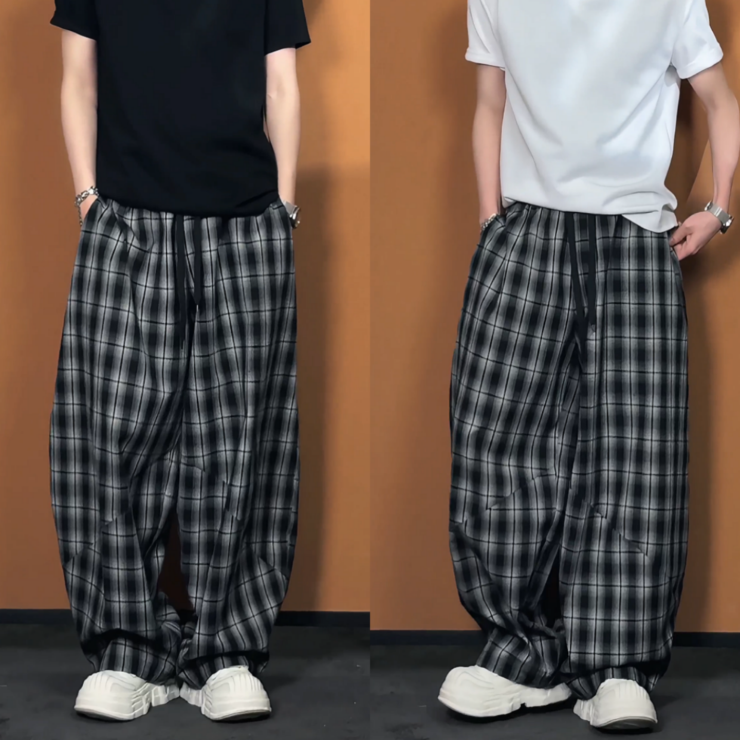 春季新款格纹阔腿休闲格子休闲裤