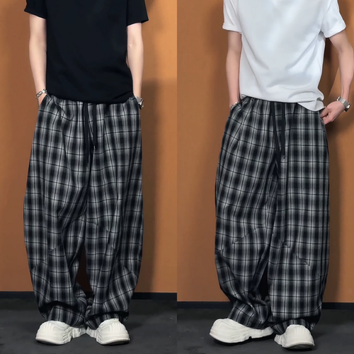 春季新款格纹阔腿休闲格子休闲裤