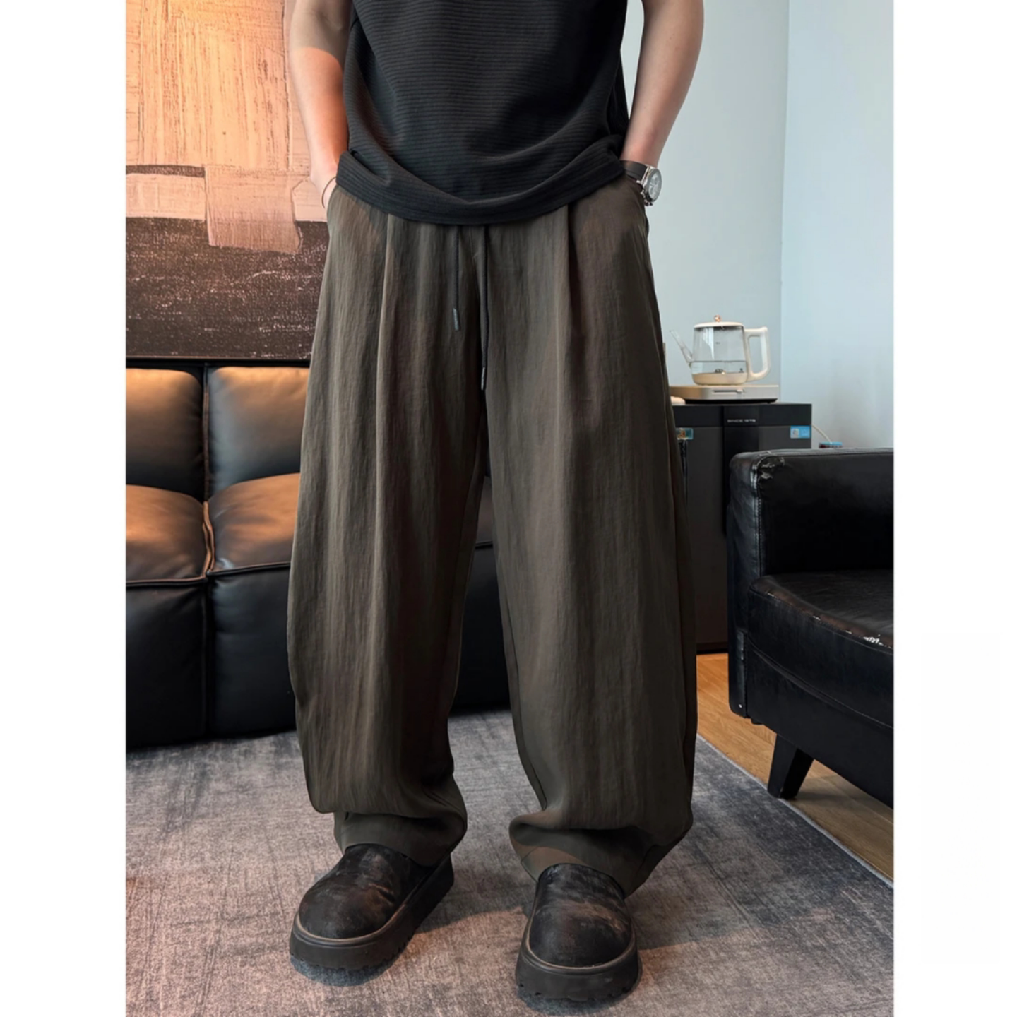 潮流复古简约男士夏季薄款宽松百搭时尚休闲裤莱赛尔垂感阔腿长裤