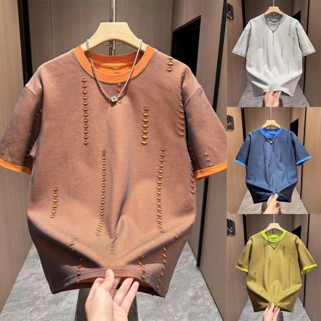 2025年春夏男士短袖T恤拼接撞色破洞小众设计感情侣款时尚潮流ins