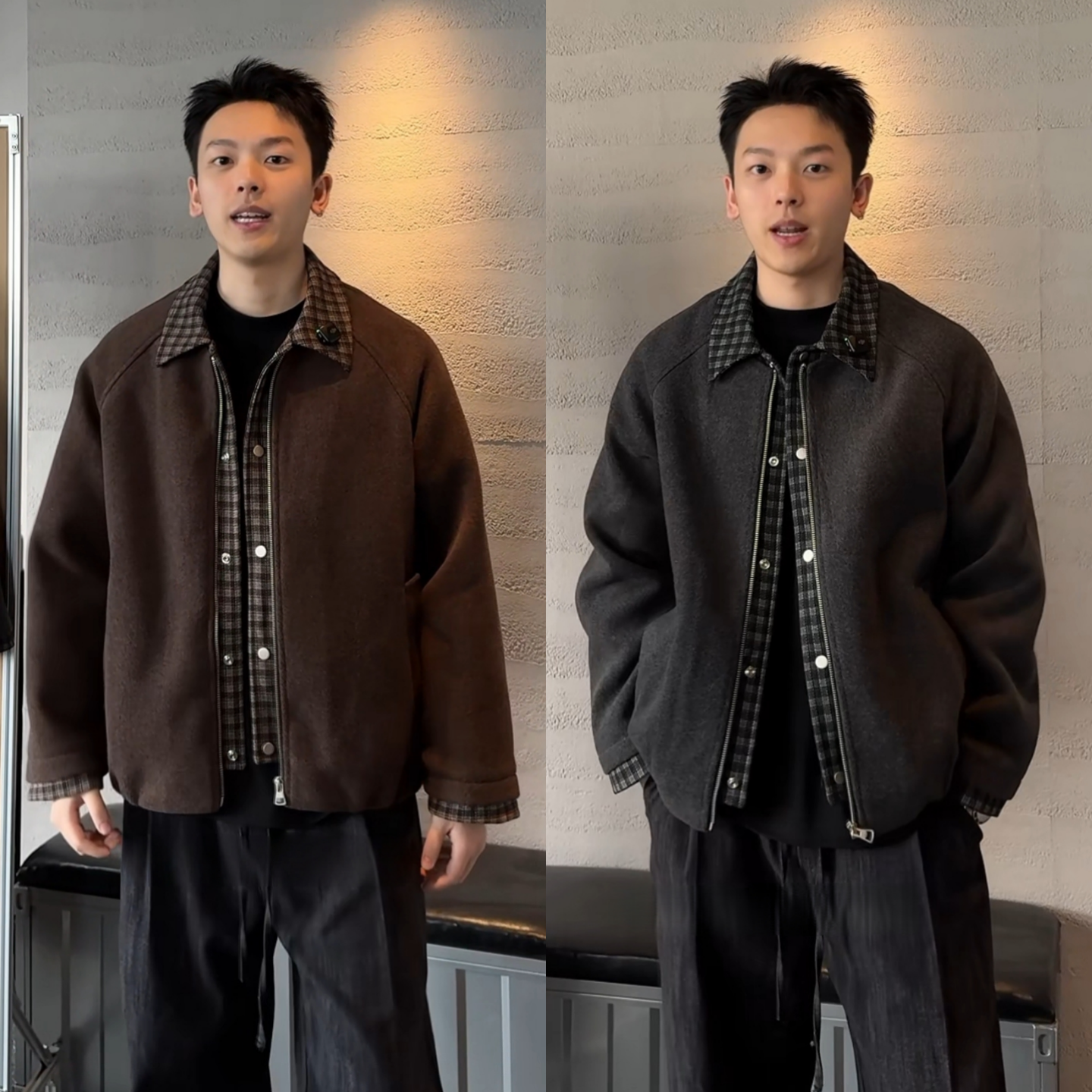 冬季复古假两件格子拼接夹克男款