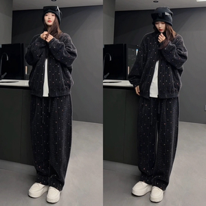 直播间同款冬季立领加厚套装彩织拉链开衫外套休闲裤两件套情侣款