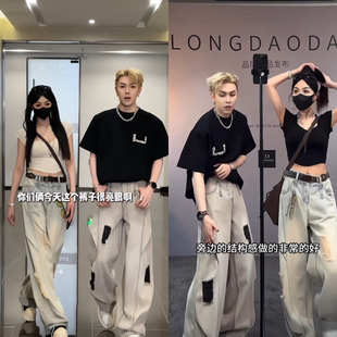 男裤 美式 高街休闲弯刀裤 秋季 宽松长裤 水洗破洞设计牛仔裤 个性 新品