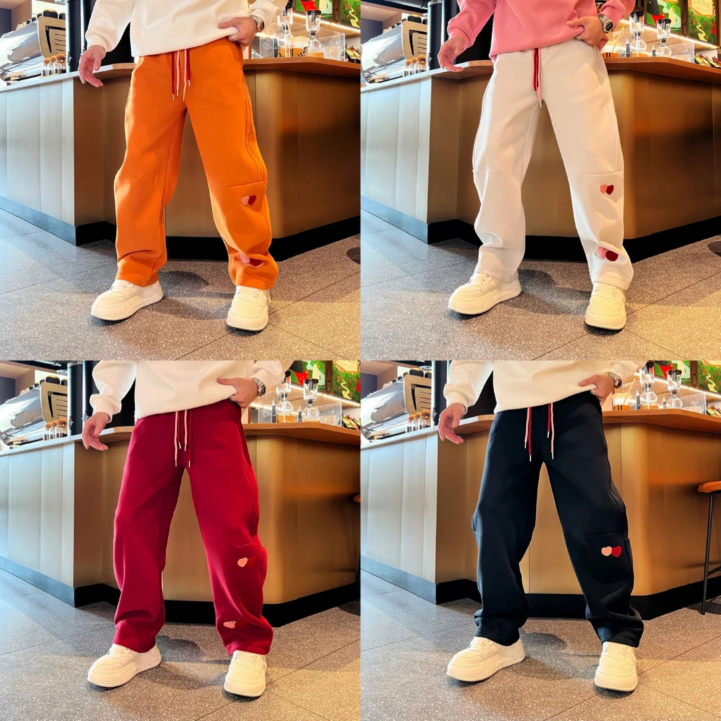 冬季新款植绒贴布时尚百搭加绒加厚松紧腰撞色抽绳宽松男款休闲裤