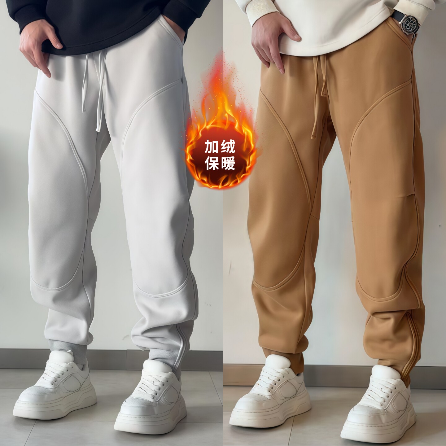 高品质美式痞帅束脚休闲运动卫裤男冬季加绒加厚宽松小脚拉链长裤