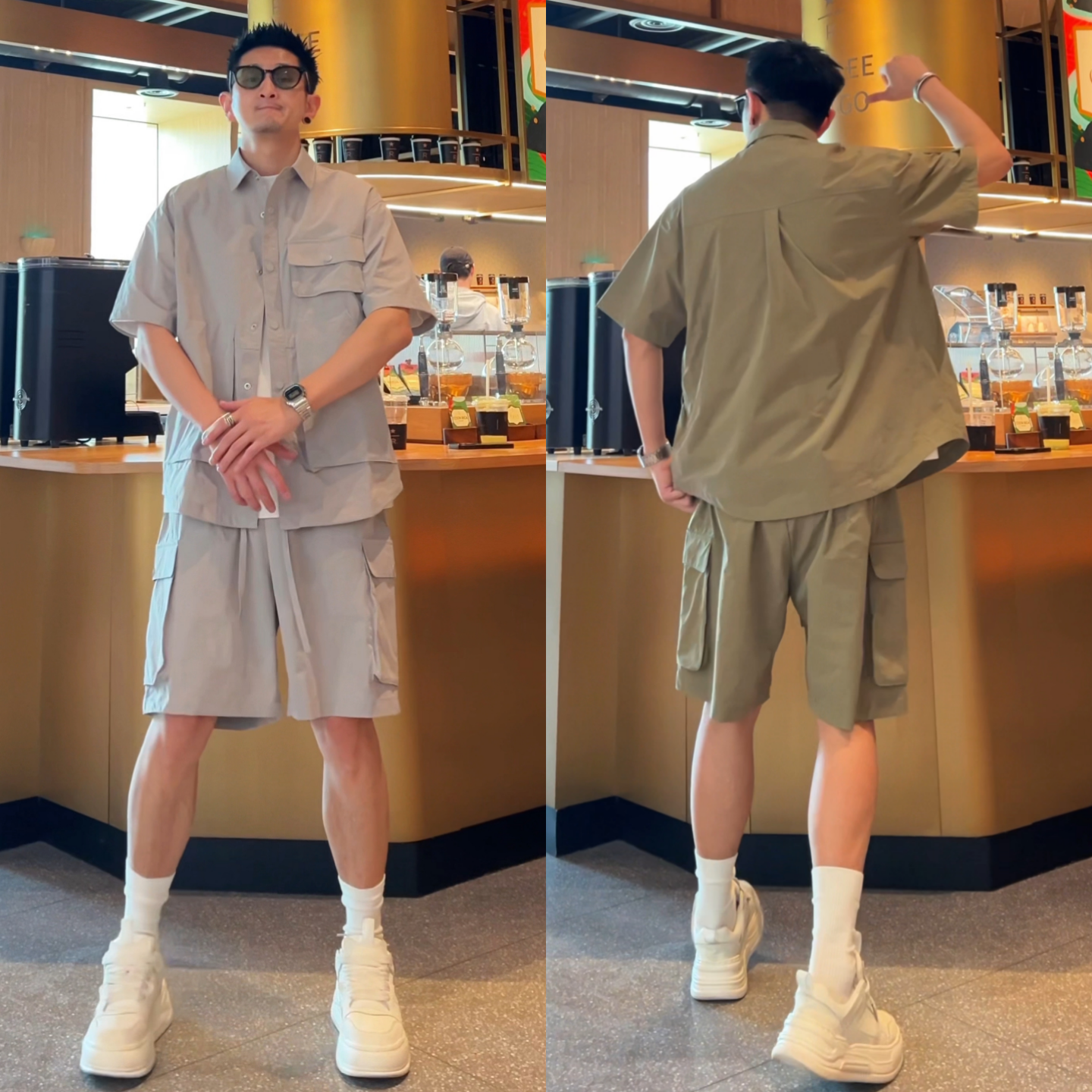 工装风百搭潮流宽松多口袋夏季新款男士短袖衬衫短裤休闲时尚套装
