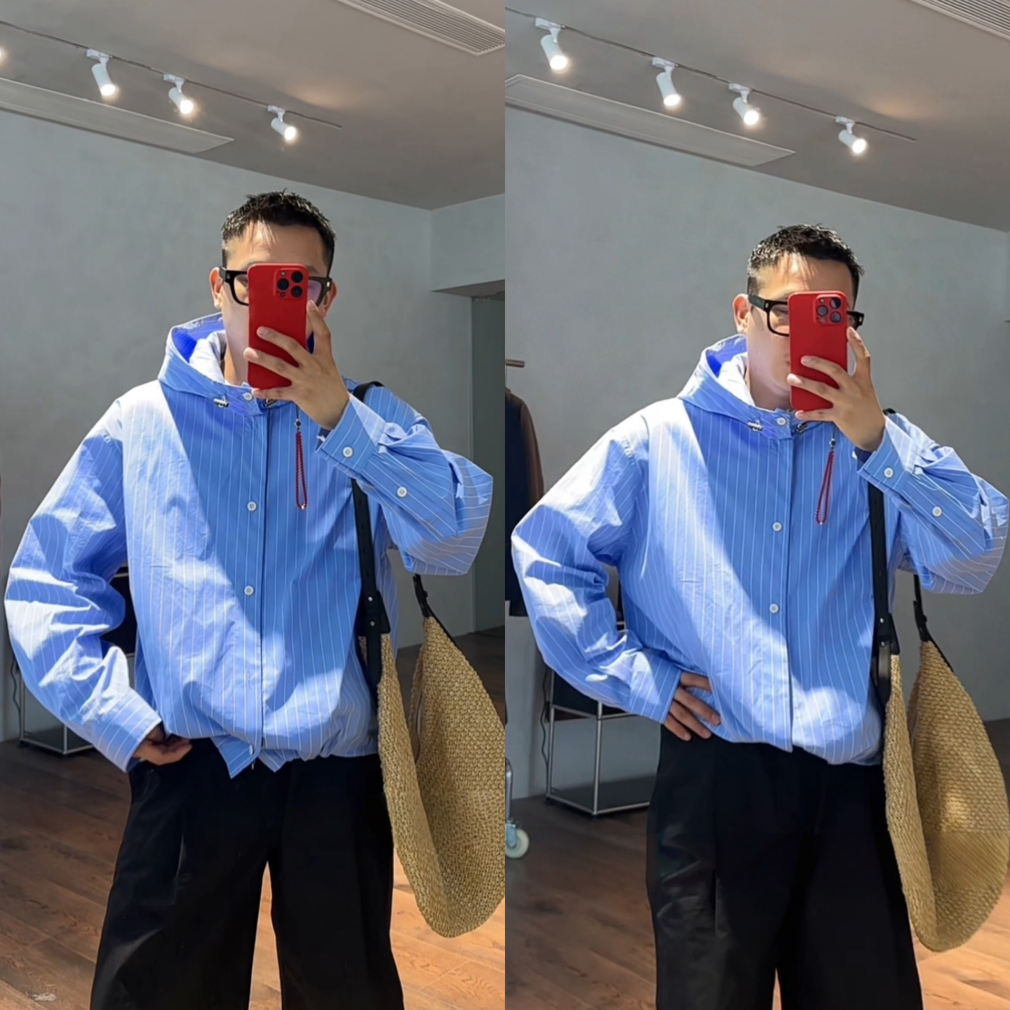 春季蓝色条纹连帽衬衫外套男