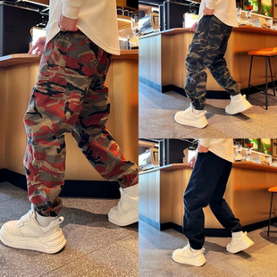 新款百搭时尚潮流迷彩束脚工装裤拼接多口袋宽松复古风男款休闲裤