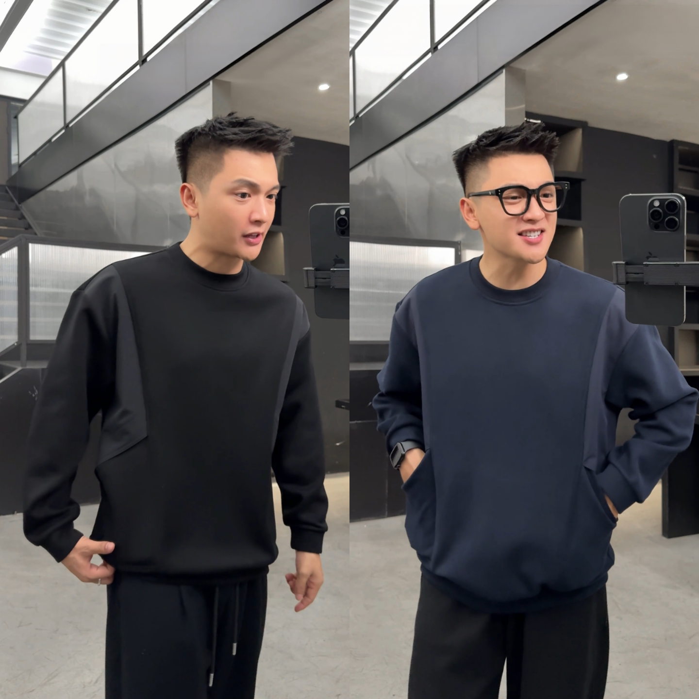 插袋设计师拼接长袖T恤卫衣男
