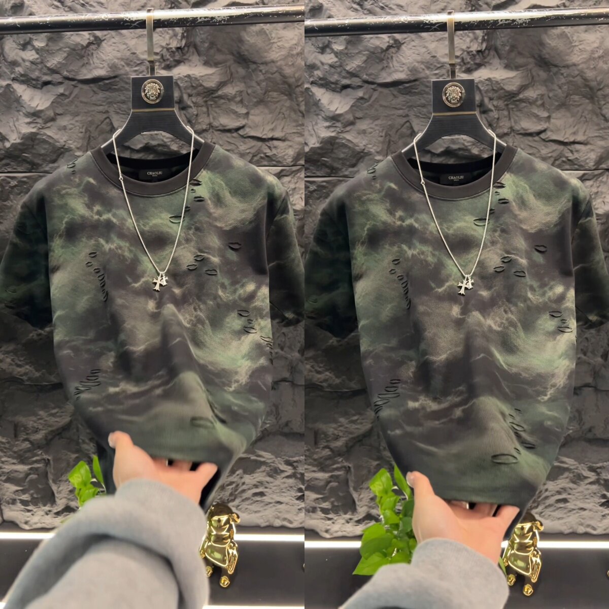 2025年夏季新款男士破洞短袖T恤水墨风格小众设计感圆领休闲韩版