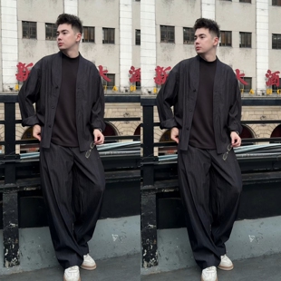 男士 套装 时尚 休闲裤 秋季 轻奢高级感纯色衬衫 气质潮 老钱极简风