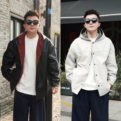 秋季男士两面穿连帽皮衣外套