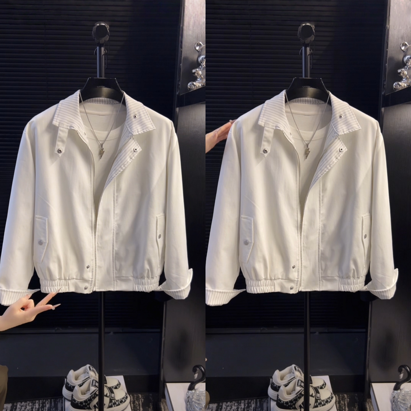 潮流百搭男士外套春季双面穿美式哈灵顿拼接白条纹线条感休闲夹克