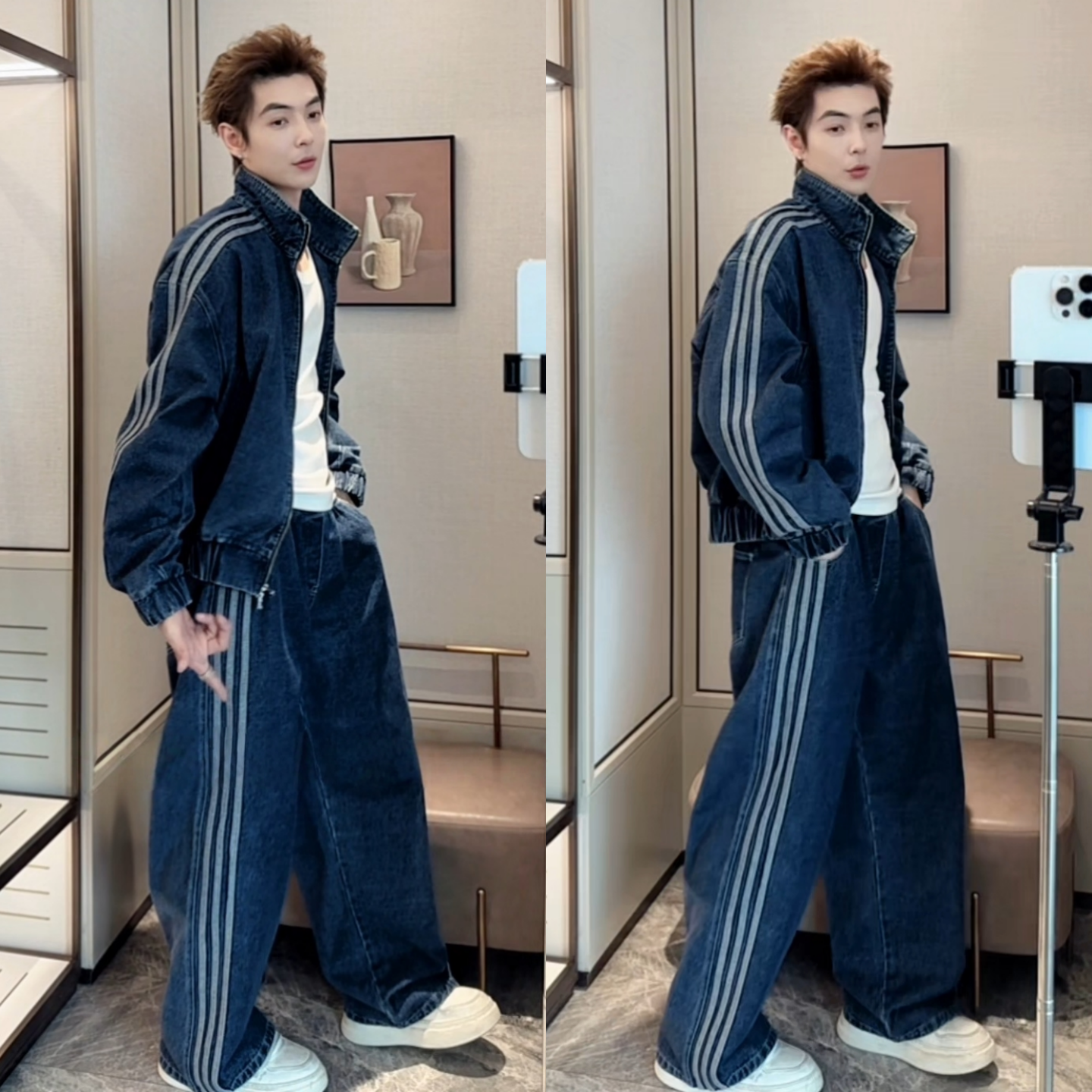 男士潮牌运动风三道杠牛仔套装