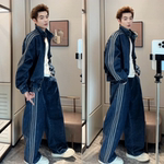 男士潮牌运动风三道杠牛仔套装冬季立领夹克长裤两件套高品质男装