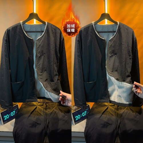 冬季大口袋简约圆领加绒夹克男